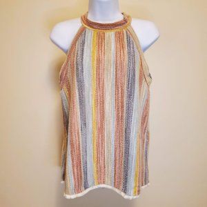 W5 Anthropologie Multi-Color Halter Style Striped Tank with Fringed Hemline - S